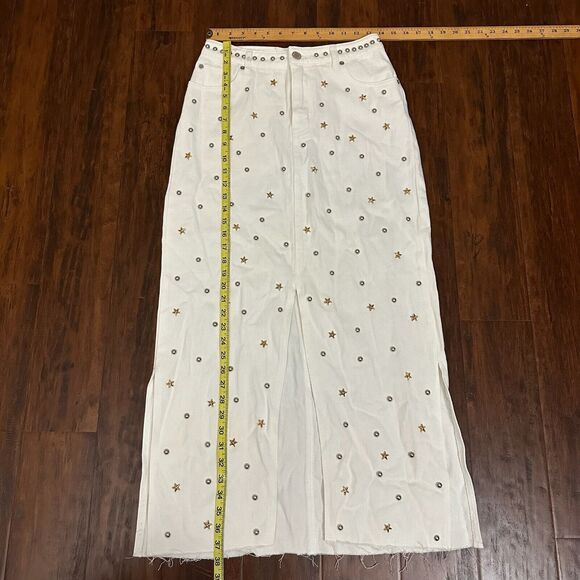 NWT NASTY GAL Star Embellished Denim Maxi Skirt Front Slit White *Flawed*